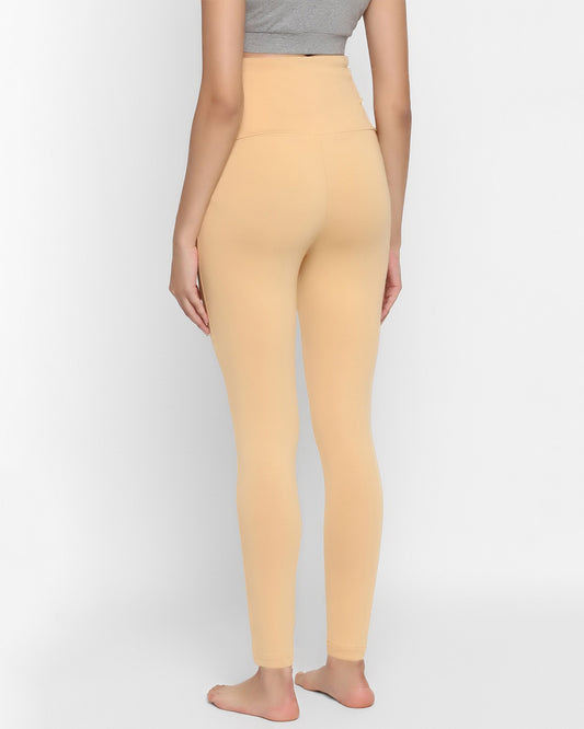 Wobbly Walk Beige Maternity Leggings-Solid Color-Cotton Lycra-Skinny Fit-Bump Friendly