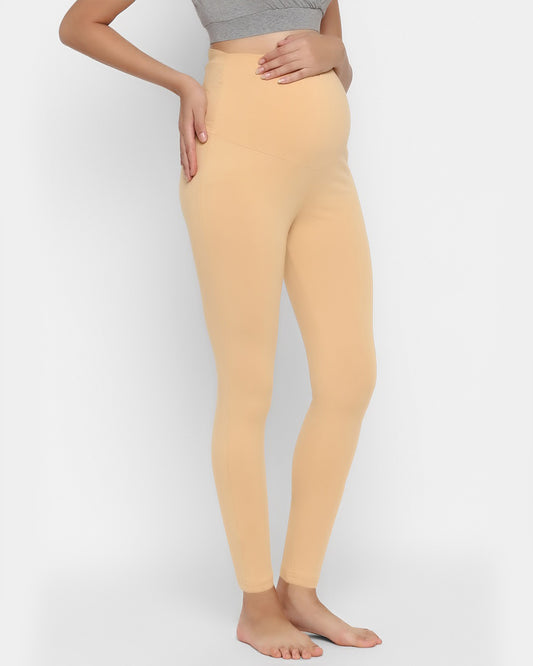 Wobbly Walk Beige Maternity Leggings-Solid Color-Cotton Lycra-Skinny Fit-Bump Friendly