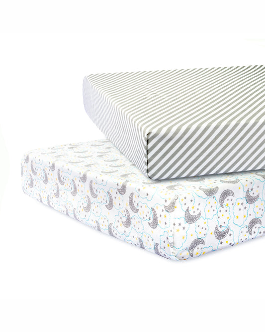Abracadabra Flat Bedsheet-Starry Night-100% Natural Premium Cotton-Grey & White-Pack of 2 Baby Bedsheets-For Infants