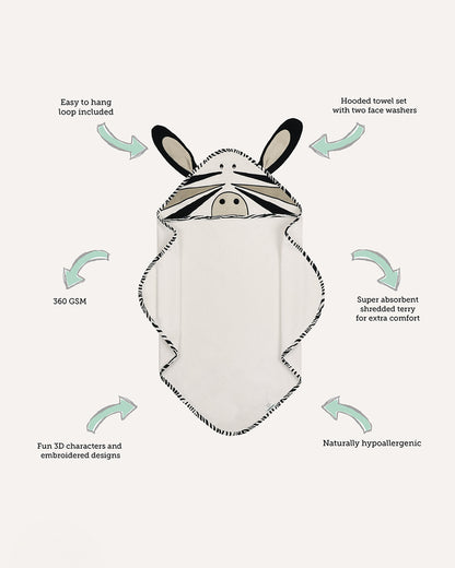 Abracadabra Hooded Baby Bath Towel Set-100% Terry Cotton-With 2 Face Washers-Zebra