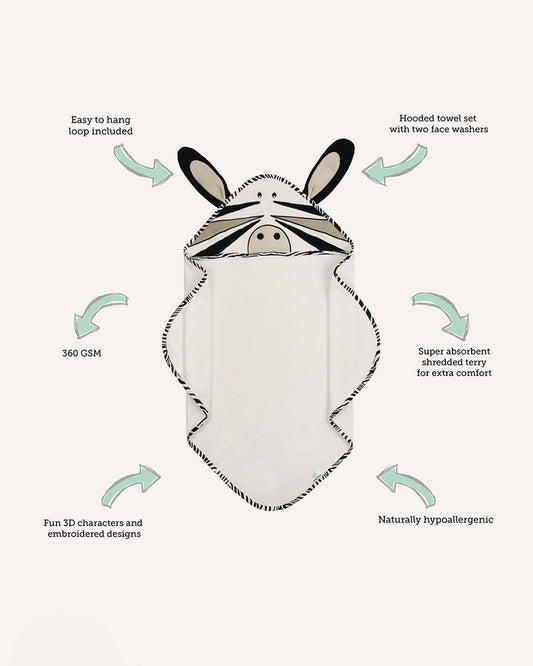 Abracadabra Hooded Baby Bath Towel Set-100% Terry Cotton-With 2 Face Washers-Zebra