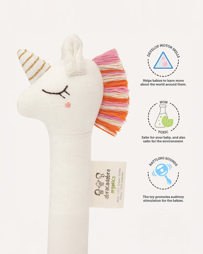 Abracadabra Unicorn Organic Hand Rattle Toy-Soft & Lightweight-Promotes Hand Eye Coordination-White-For Newborn