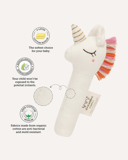 Abracadabra Unicorn Organic Hand Rattle Toy-Soft & Lightweight-Promotes Hand Eye Coordination-White-For Newborn