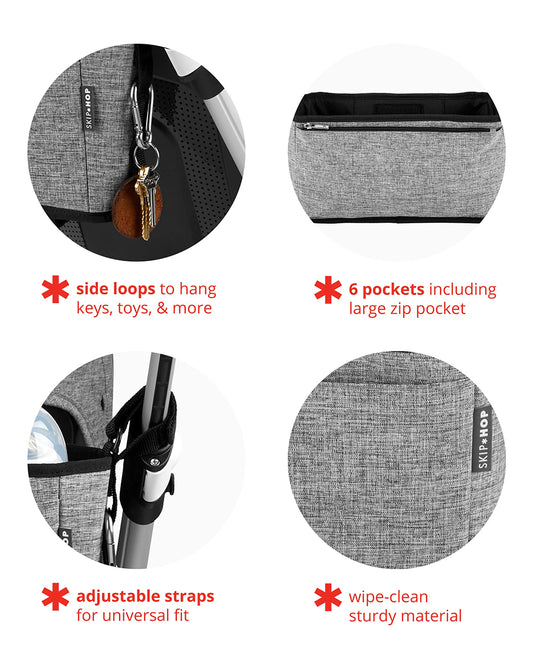 Skip Hop Grab & Go Ultra Stroller Organizer-With Adjustable Straps & Insulated Bottle Pockets-Grey