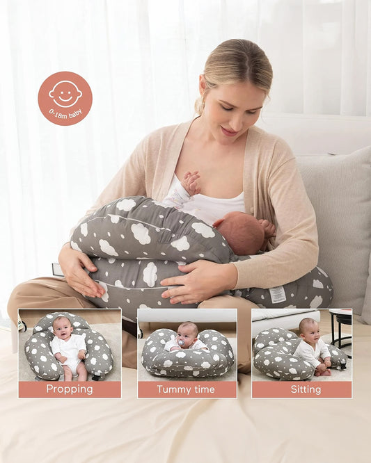 Momcozy Nursing Pillow For Comfortable Breastfeeding-Versatile Use-With Adjustable Waist Strap-100% Cotton Cover-Grey