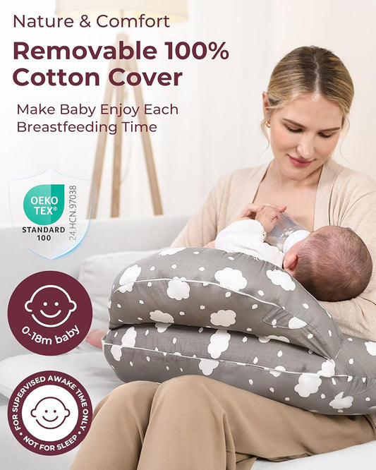 Momcozy Nursing Pillow For Comfortable Breastfeeding-Versatile Use-With Adjustable Waist Strap-100% Cotton Cover-Grey