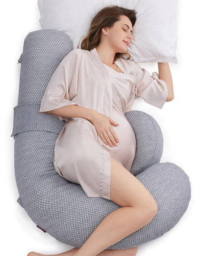 Momcozy F Shaped Pregnancy Pillow-Full Body Support-Grey-with Adjustable Wedge Pillow & Removable Air Layer Cover-For Maternity