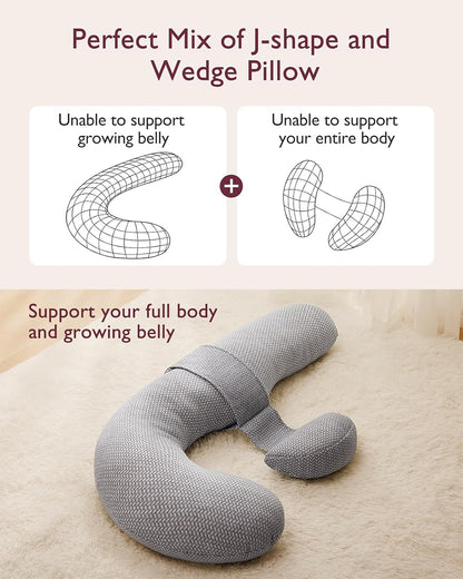 Momcozy F Shaped Pregnancy Pillow-Full Body Support-Grey-with Adjustable Wedge Pillow & Removable Air Layer Cover-For Maternity