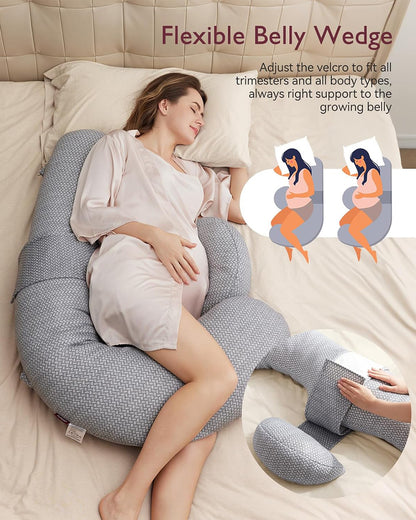 Momcozy F Shaped Pregnancy Pillow-Full Body Support-Grey-with Adjustable Wedge Pillow & Removable Air Layer Cover-For Maternity