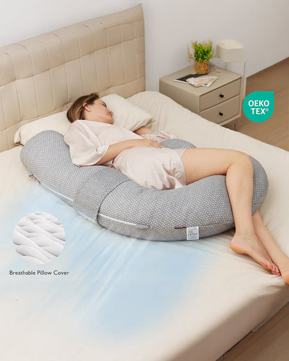 Momcozy F Shaped Pregnancy Pillow-Full Body Support-Grey-with Adjustable Wedge Pillow & Removable Air Layer Cover-For Maternity