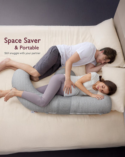 Momcozy F Shaped Pregnancy Pillow-Full Body Support-Grey-with Adjustable Wedge Pillow & Removable Air Layer Cover-For Maternity