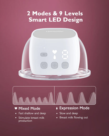 Momcozy S9 Pro Wearable Breast Pump-Portable, Silicone Material, With Long Battery Life-Flange Size 24mm-Hands free design with 2 modes and 9 Levels-LED Display-Quiet Motor-Grey-Pack of 2