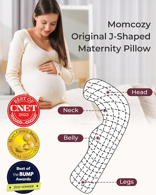 Momcozy J shaped Pregnancy Pillow-Full Body-Grey-Removable & Washable Jersey Cover-For Maternity