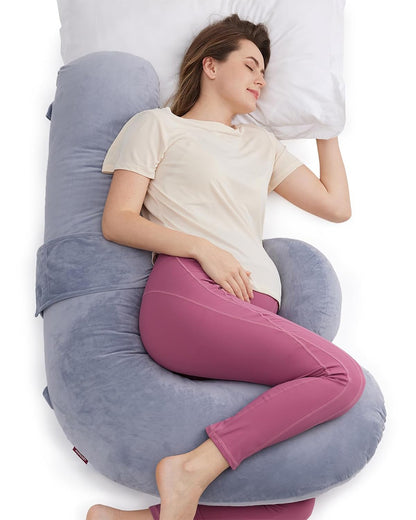 Momcozy F Shaped Pregnancy Pillow-Full Body Support-Grey-with Adjustable Wedge Pillow & Removable Velvet Cover-For Maternity