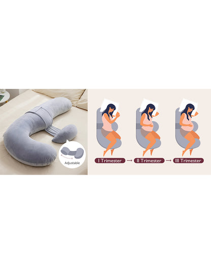 Momcozy F Shaped Pregnancy Pillow-Full Body Support-Grey-with Adjustable Wedge Pillow & Removable Velvet Cover-For Maternity