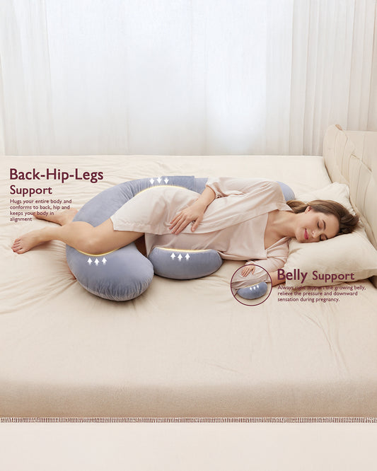 Momcozy F Shaped Pregnancy Pillow-Full Body Support-Grey-with Adjustable Wedge Pillow & Removable Velvet Cover-For Maternity