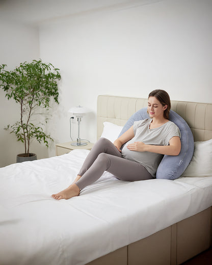 Momcozy F Shaped Pregnancy Pillow-Full Body Support-Grey-with Adjustable Wedge Pillow & Removable Velvet Cover-For Maternity