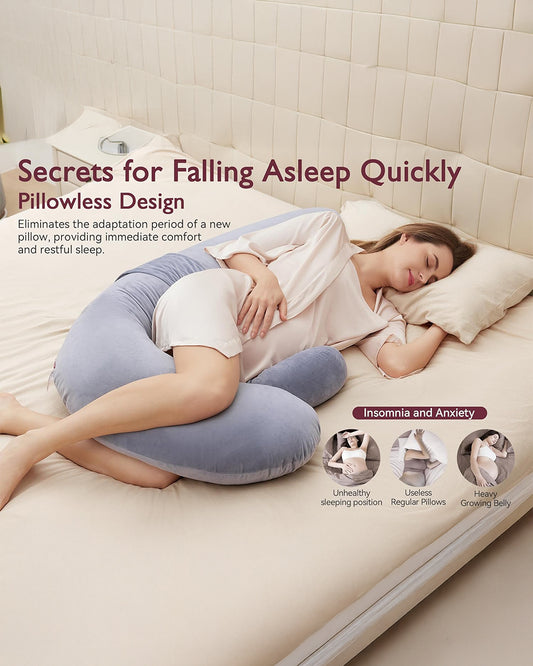Momcozy F Shaped Pregnancy Pillow-Full Body Support-Grey-with Adjustable Wedge Pillow & Removable Velvet Cover-For Maternity