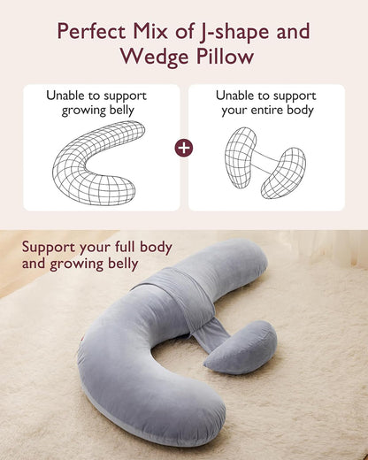 Momcozy F Shaped Pregnancy Pillow-Full Body Support-Grey-with Adjustable Wedge Pillow & Removable Velvet Cover-For Maternity