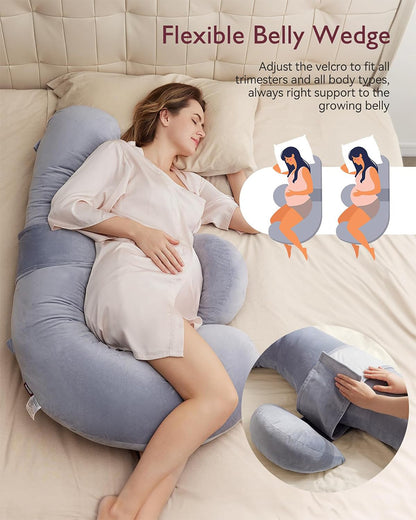 Momcozy F Shaped Pregnancy Pillow-Full Body Support-Grey-with Adjustable Wedge Pillow & Removable Velvet Cover-For Maternity