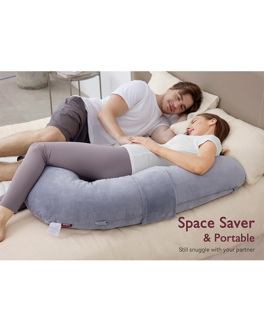 Momcozy F Shaped Pregnancy Pillow-Full Body Support-Grey-with Adjustable Wedge Pillow & Removable Velvet Cover-For Maternity