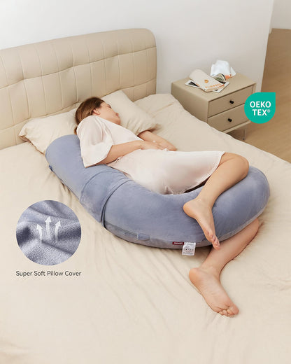 Momcozy F Shaped Pregnancy Pillow-Full Body Support-Grey-with Adjustable Wedge Pillow & Removable Velvet Cover-For Maternity