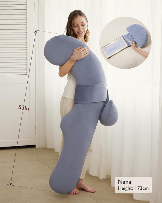 Momcozy F Shaped Pregnancy Pillow-Full Body Support-Grey-with Adjustable Wedge Pillow & Removable Velvet Cover-For Maternity