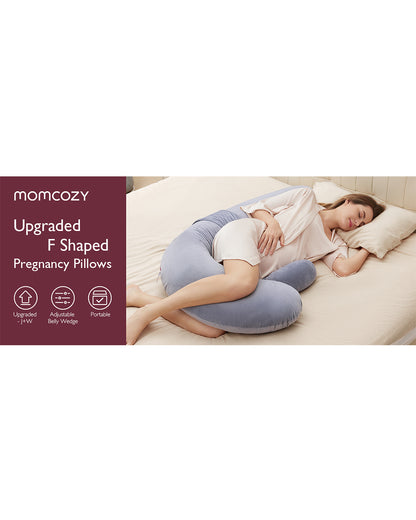 Momcozy F Shaped Pregnancy Pillow-Full Body Support-Grey-with Adjustable Wedge Pillow & Removable Velvet Cover-For Maternity