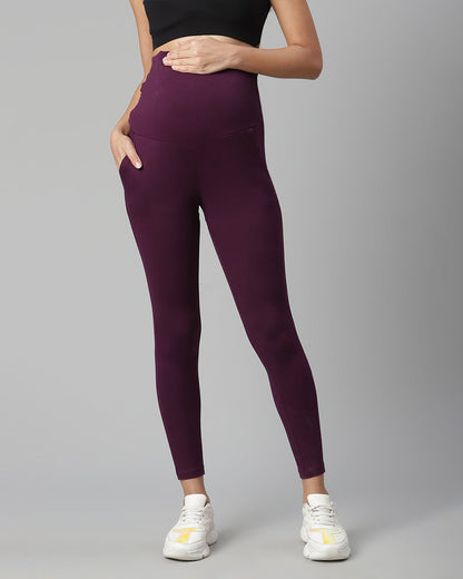 Wobbly Walk Purple Maternity Leggings-Solid Color-Cotton Lycra-Skinny Fit-Bump Friendly