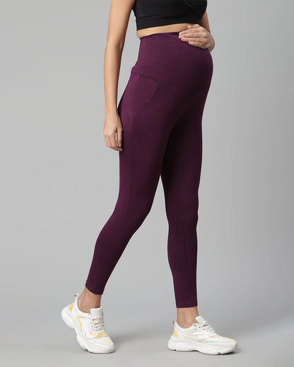 Wobbly Walk Purple Maternity Leggings-Solid Color-Cotton Lycra-Skinny Fit-Bump Friendly