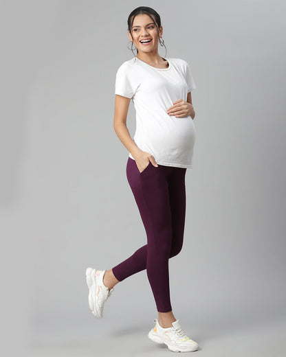 Wobbly Walk Purple Maternity Leggings-Solid Color-Cotton Lycra-Skinny Fit-Bump Friendly