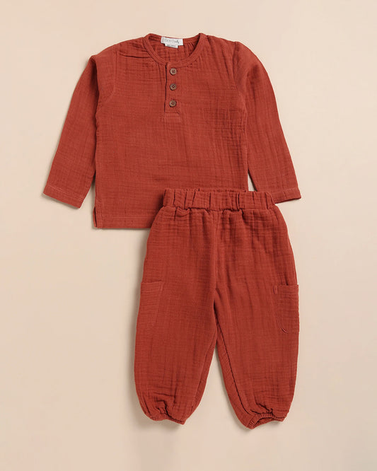 Cot & Candy Baby Crimson Red Top & Jogger Set-Solid-Organic Muslin-For Infants
