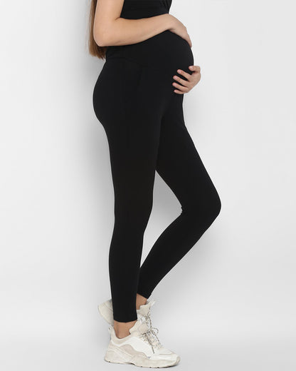 Wobbly Walk Black Maternity Leggings-Solid Color-Cotton Lycra-Skinny Fit-Bump Friendly