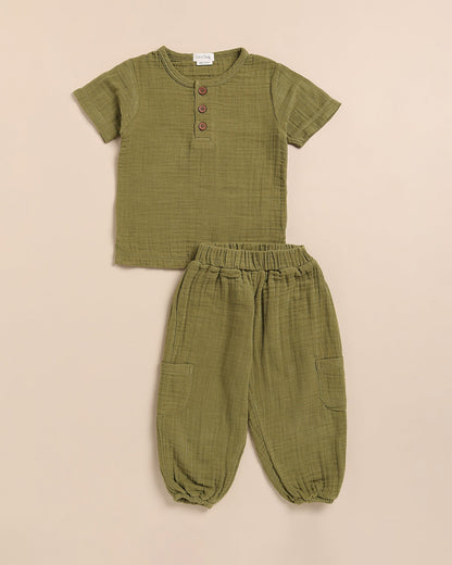 Cot & Candy Baby Olive Green Top & Jogger Set-Solid-Organic Muslin-For Infants