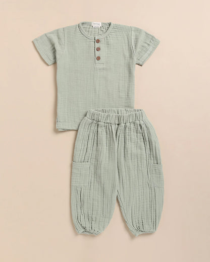 Cot & Candy Baby Sage Green Top & Jogger Set-Solid-Organic Muslin-For Infants