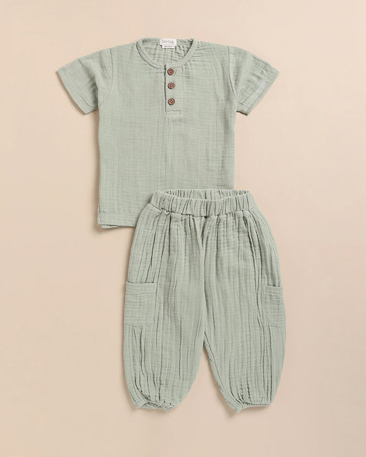Cot & Candy Baby Sage Green Top & Jogger Set-Solid-Organic Muslin-For Infants
