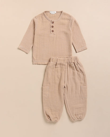 Cot & Candy Baby Tan Top & Jogger Set-Long Sleeves-Solid-Organic Muslin-For Infants