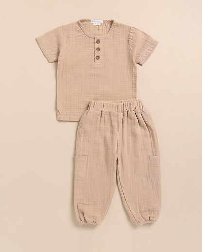 Cot & Candy Baby Tan Top & Jogger Set-Short Sleeves-Solid-Organic Muslin-For Infants