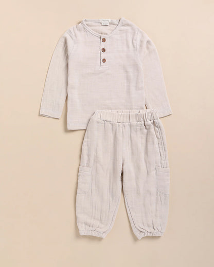 Cot & Candy Baby Off White Top & Jogger Set-Long Sleeves-Solid-Organic Muslin-For Infants