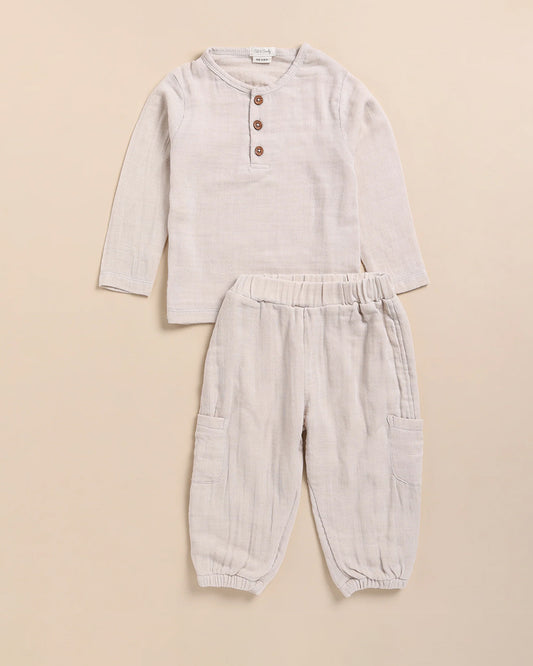 Cot & Candy Baby Off White Top & Jogger Set-Long Sleeves-Solid-Organic Muslin-For Infants
