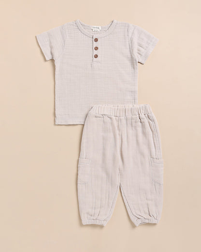 Cot & Candy Baby Off White Top & Jogger Set-Short Sleeves-Solid-Organic Muslin-For Infants