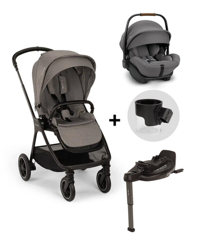 Nuna TRIV Next Stroller, Arra Next Car Seat and Base Curv Travel System-With Cup Holder-Stroller: (One Hand Fold, Upto 22 Kg)-Car Seat:(157 Degrees Flat Reclining Seat, Upto 13 Kg)-Base: (Steel Stability Leg & Swivel Lock)-Granite