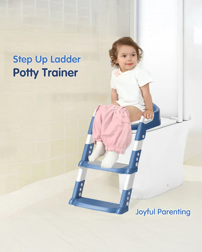 Hopop Step Up Ladder Potty Training Seat-With 6-Level Adjustable Ladder & Soft Cushion-Blue-1 to 7 Years