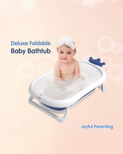 Hopop Deluxe Foldable Baby Bath Tub-With Drainage Plug & Non-Slip Surface-0 to 36M-Blue