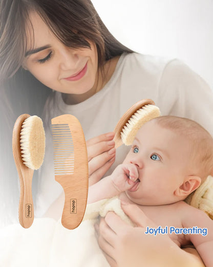 Hopop BPA-Free Baby Wooden Brush & Comb Set-With Natural Soft Bristles & Round Edges