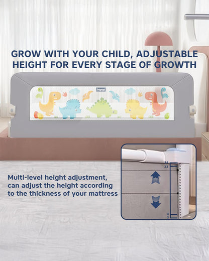 Hopop Secure Sleep Bed Guard Rail-Multi Level Height Adjustments-One Touch Folding Design-5.8ft Length-Grey-For Infants
