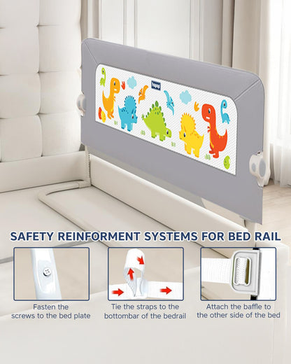 Hopop Secure Sleep Bed Guard Rail-Multi Level Height Adjustments-One Touch Folding Design-5.8ft Length-Grey-For Infants