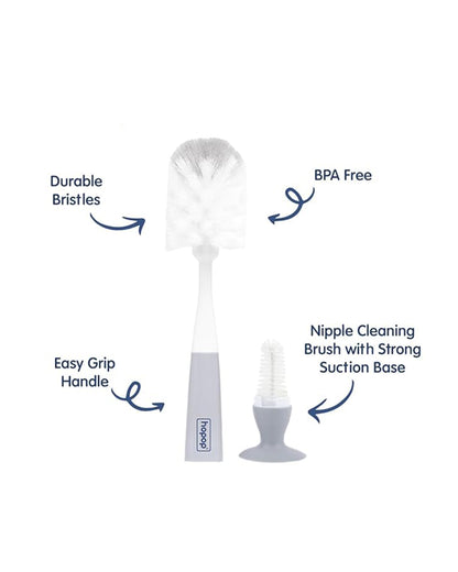 Hopop 2 in 1 Bottle & Nipple Cleaning Brush Set-Grooved Handle With Suction Base-Flexible Bristles-Comfortable Grip-Grey