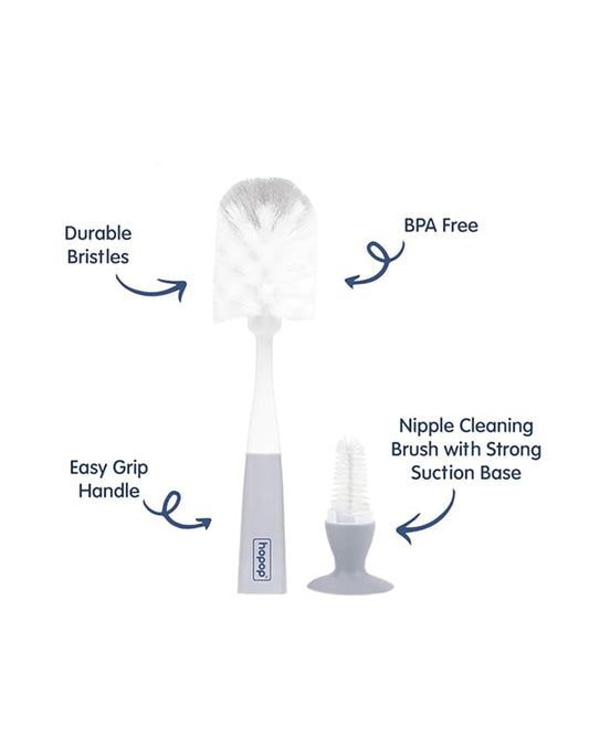 Hopop 2 in 1 Bottle & Nipple Cleaning Brush Set-Grooved Handle With Suction Base-Flexible Bristles-Comfortable Grip-Grey
