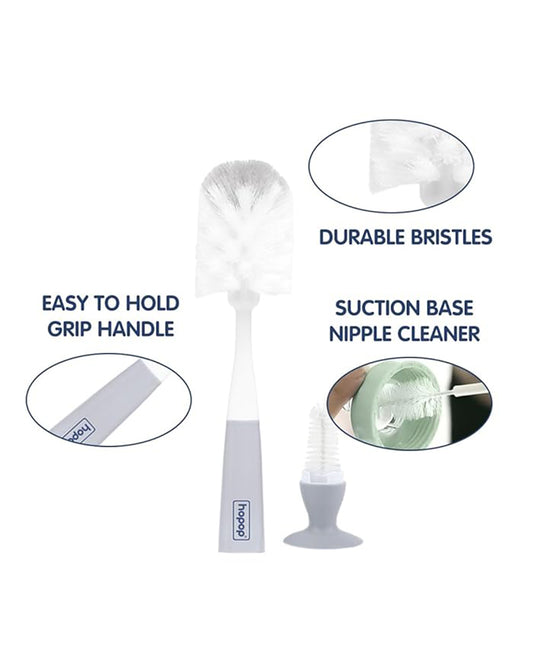 Hopop 2 in 1 Bottle & Nipple Cleaning Brush Set-Grooved Handle With Suction Base-Flexible Bristles-Comfortable Grip-Grey